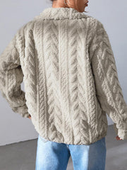 Textured chevron fleece zip jacket in khaki with a collared neckline and long sleeves.