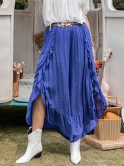 Azure ruffle overlay palazzo trousers in royal blue with gold dot pattern and side slits.