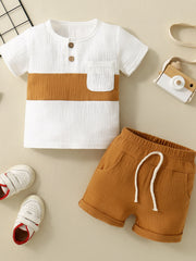 Children's brown and white color-block cotton top with pocket and shorts set