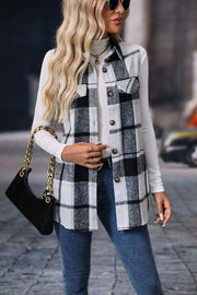 Plaid utility vest with patch pockets, button front, and collar.