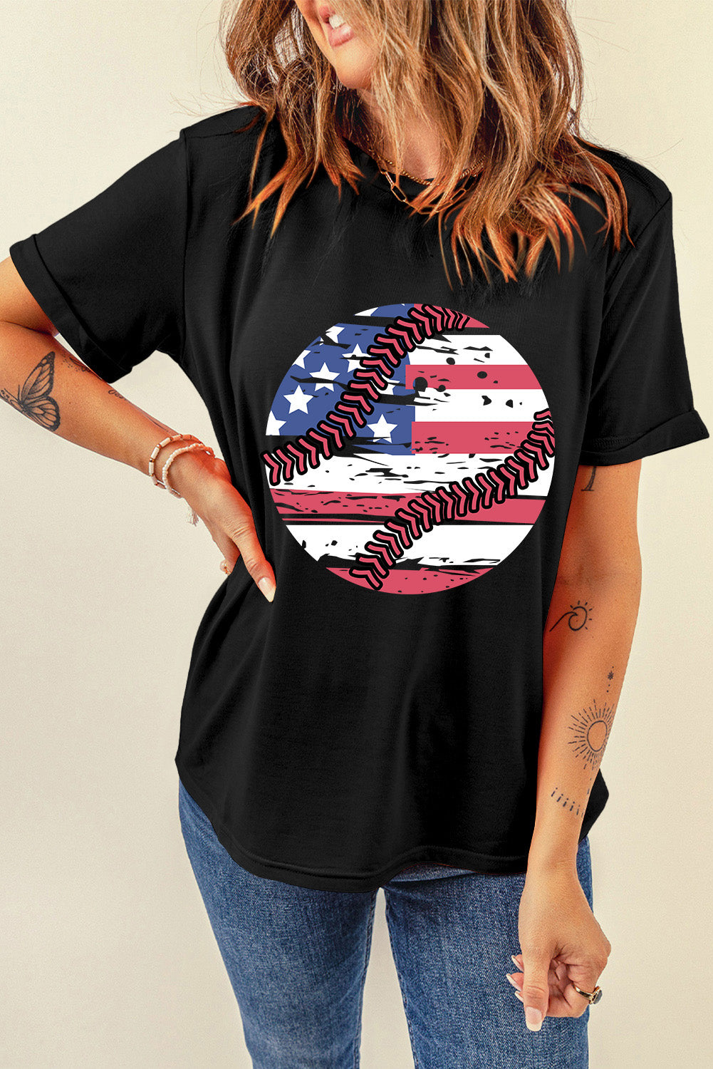 Black baseball graphic tee with distressed American flag baseball design
