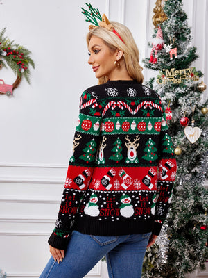 Festive Fair Isle button-up cardigan in black with Christmas motifs like snowmen and reindeer.