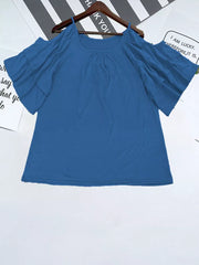 Blue t-shirt with gathered neckline and ruffled cold shoulder sleeves.