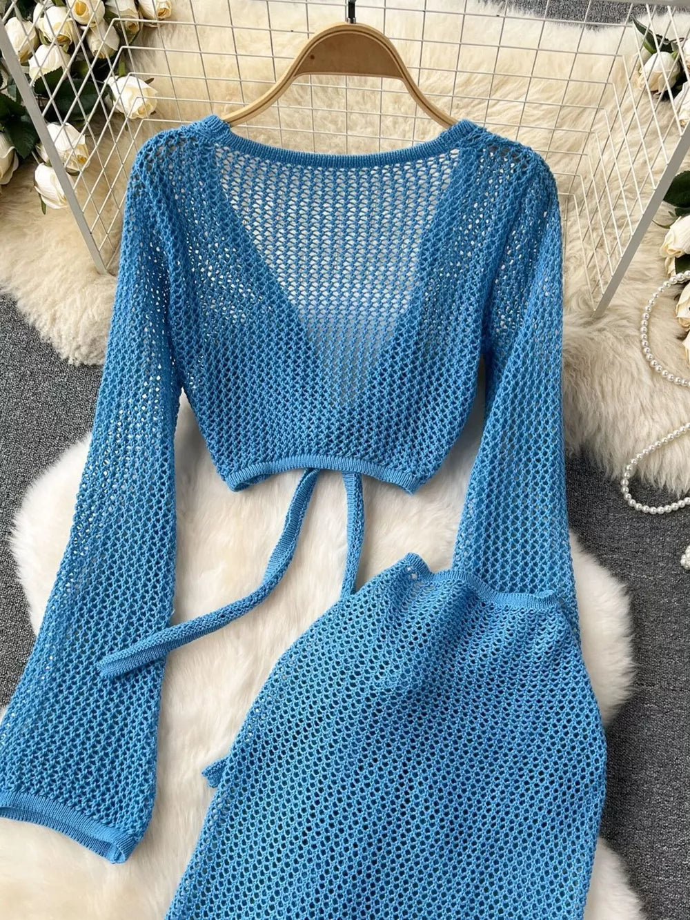 Blue crochet knit crop top with tie detail and matching skirt set