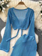 Blue crochet knit crop top with tie detail and matching skirt set