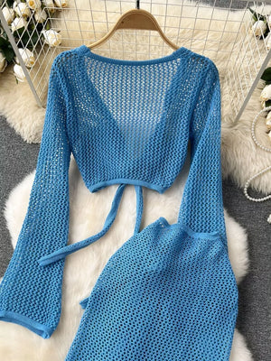 Blue crochet knit crop top with tie detail and matching skirt set