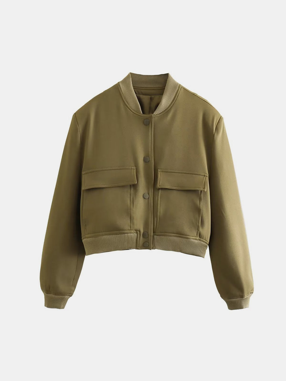 Moss bomber jacket with two chest pockets, ribbed collar, cuffs, and hem.
