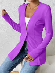 Purple single-button blazer with tailored fit and textured fabric.