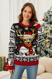 Black acrylic knit sweater with reindeer Fair Isle motif, crew neck, and long sleeves.