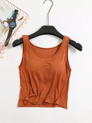 Sculpting modal tank top in caramel with a scoop neckline and padded cups.