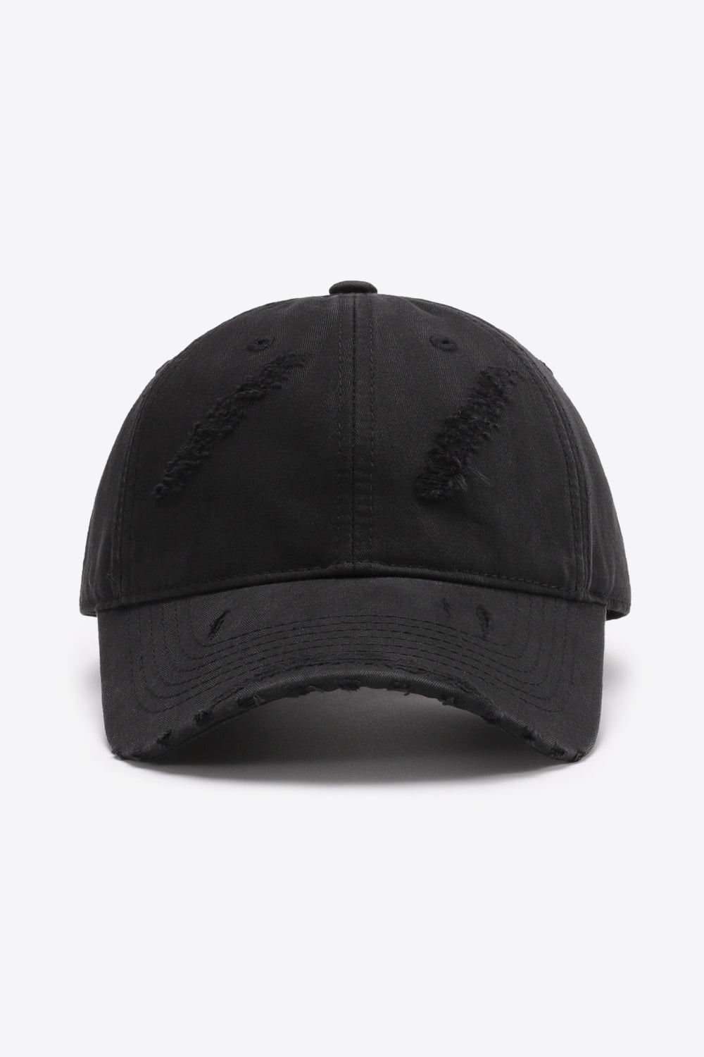 Black distressed baseball cap with frayed details