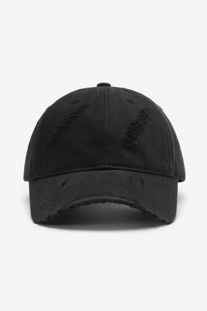 Black distressed baseball cap with frayed details
