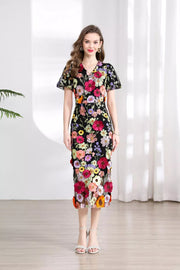 Embroidered Floral Puff Sleeve Midi Dress