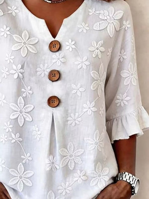 Full Size Floral Button Decor 3/4 Sleeve Blouse in White, close-up detail
