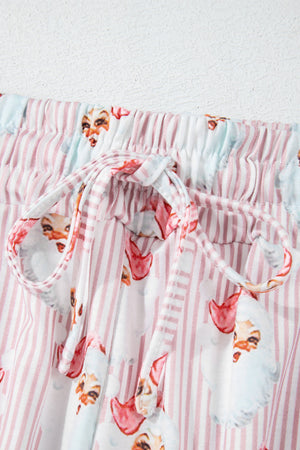 Loungewear set with pink stripes and Santa print, featuring a drawstring waist.