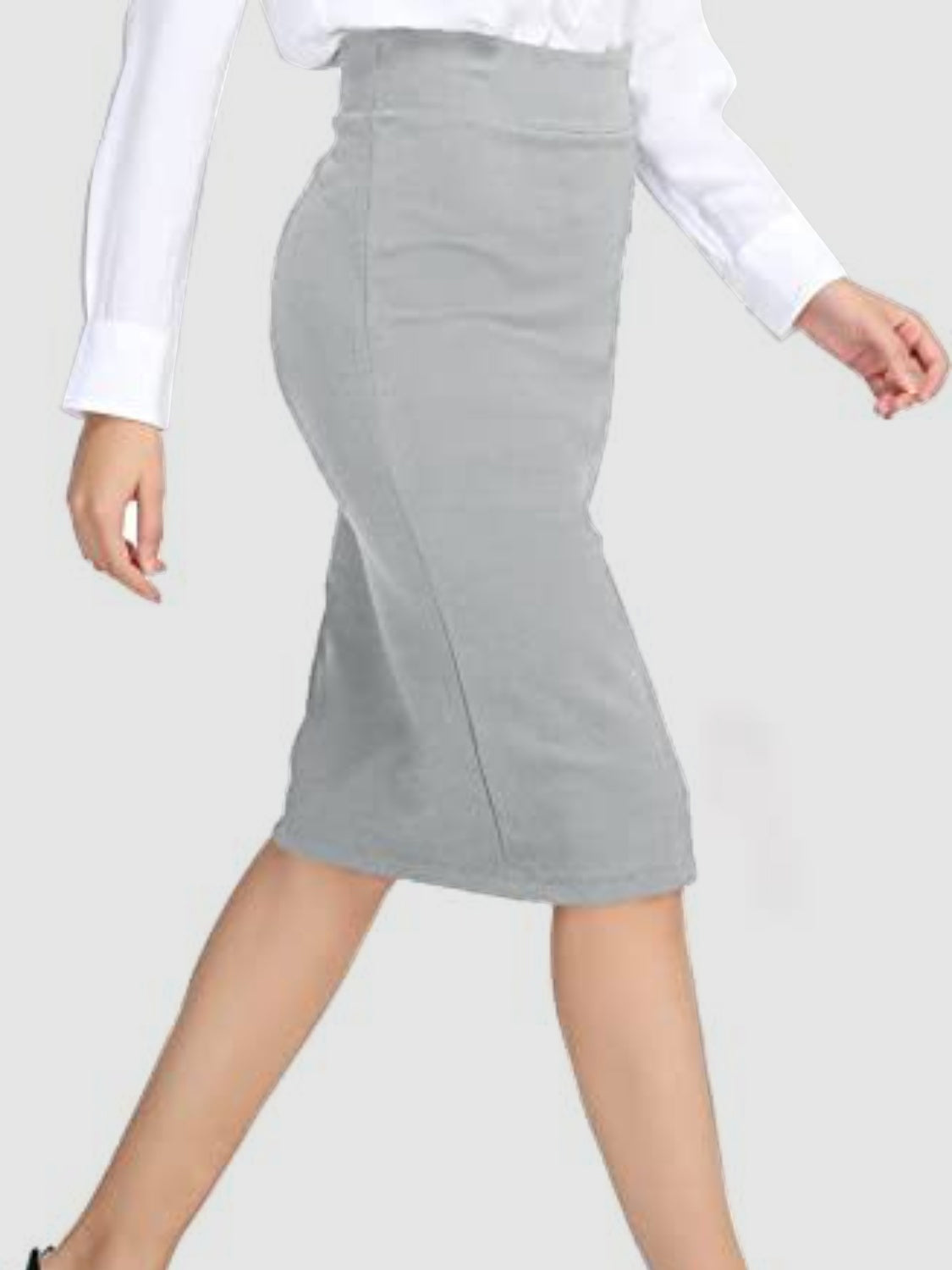 Gray pencil skirt with a high waist and a knee-length cut, styled with a white button-down shirt.