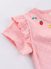 Pink polka dot toddler dress with embroidered strawberries and flowers, featuring ruffled sleeves.