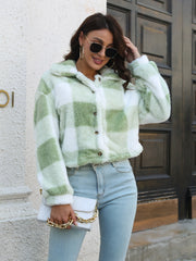Textured plaid teddy crop jacket in light green with button front and collar.
