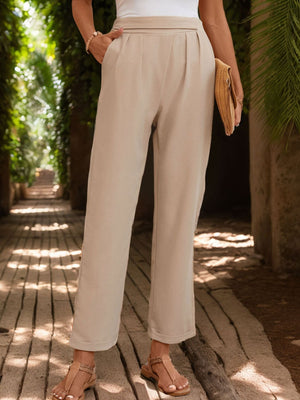 Pleated waistband relaxed trousers in Dust Storm with a cuffed hem.