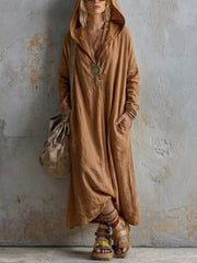 Long Sleeve Hooded Midi Dress With Pockets in White, fabric detail