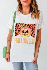 White t-shirt with leopard print pumpkin graphic and Halloween text