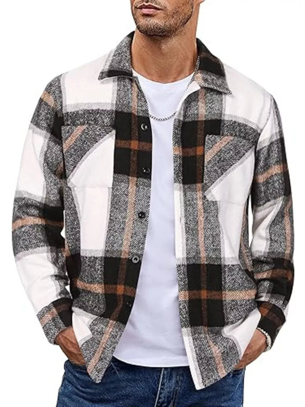 Men's plaid button-up shirt in black, white, and brown cotton with two chest pockets.
