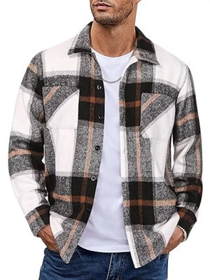 Men's plaid button-up shirt in black, white, and brown cotton with two chest pockets.