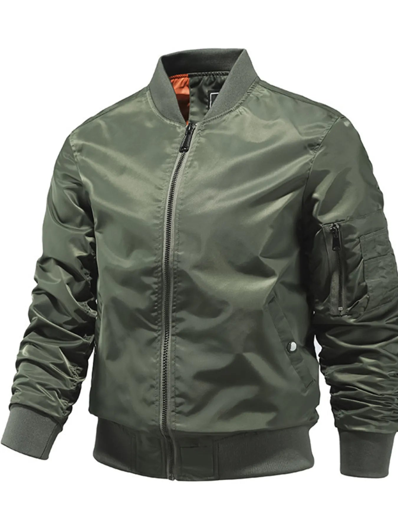 Men's military green zip-up bomber jacket with ribbed cuffs and collar