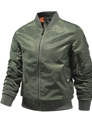 Men's military green zip-up bomber jacket with ribbed cuffs and collar