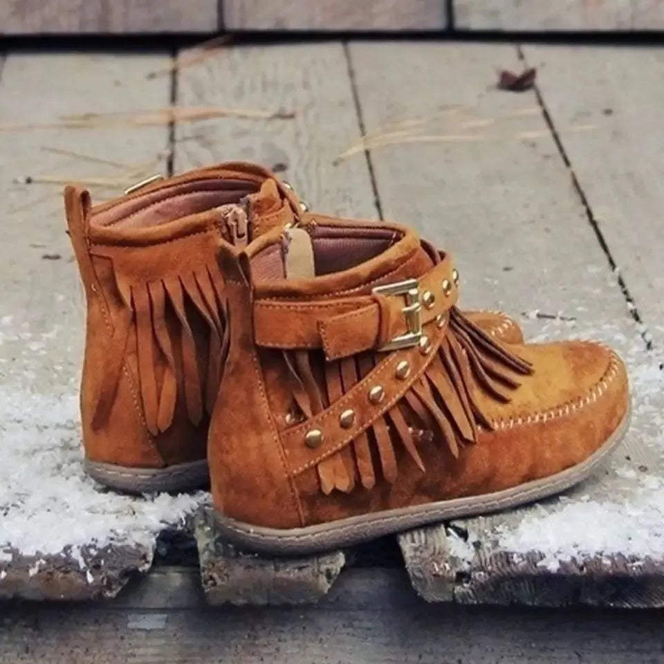 Caramel suede ankle boots with studded fringe and buckle detail