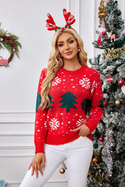 Holiday Fair Isle crewneck sweater in red with green trees and white snowflakes, acrylic knit.