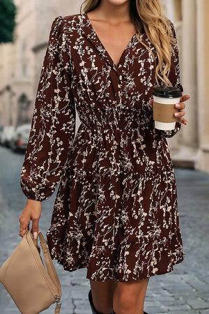 Ditsy Floral Print Split Neck Mini Dress in Coffee Brown, back view