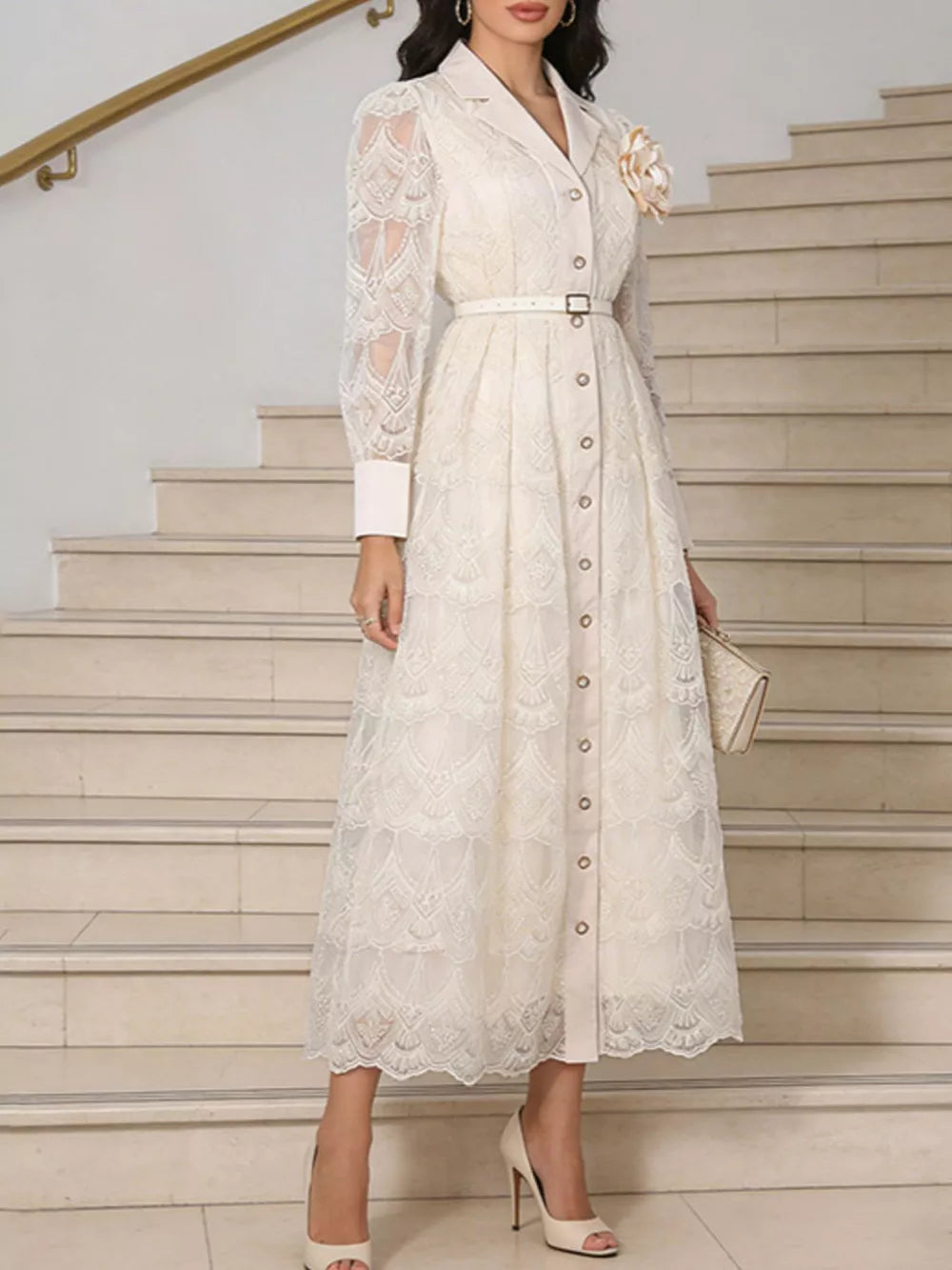 White lace midi dress with button placket, collared neckline, and belted waist.