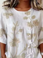 Embroidered Floral Tie Front Shirt Plus Size in Blue, fit detail