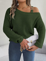 Army green one-shoulder knit sweater with buckle detail and waffle texture.