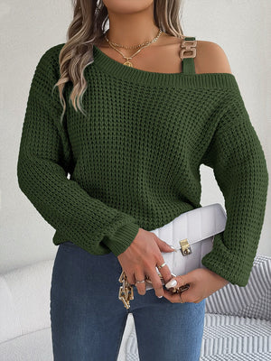 Army green one-shoulder knit sweater with buckle detail and waffle texture.