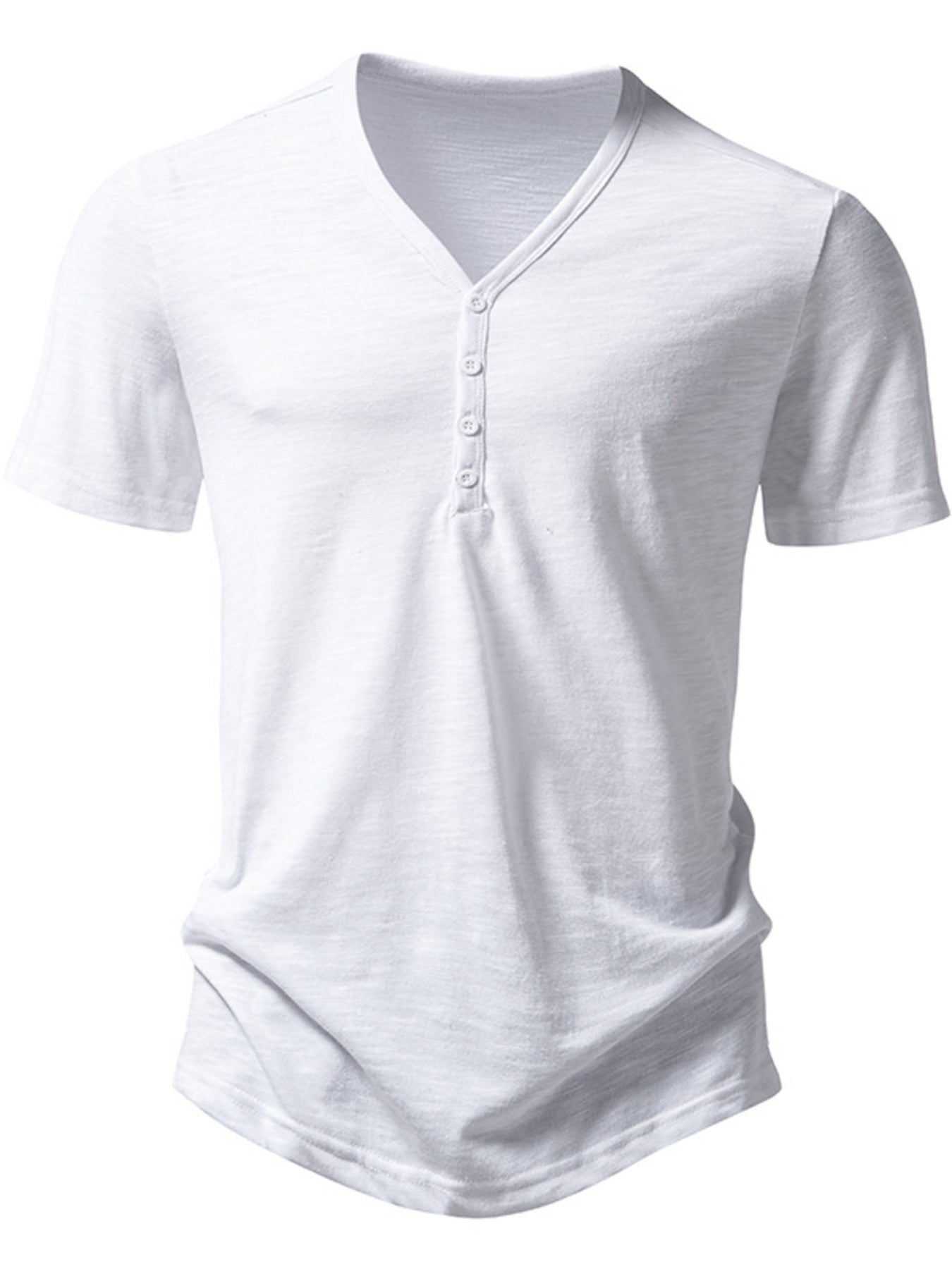 Men's white cotton blend casual t-shirt with button placket and curved hem