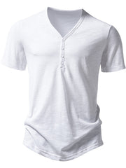 Men's white cotton blend casual t-shirt with button placket and curved hem