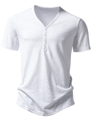 Men's white cotton blend casual t-shirt with button placket and curved hem