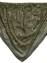 Olive green bandeau top with a vibrant paisley print and elasticized top edge.