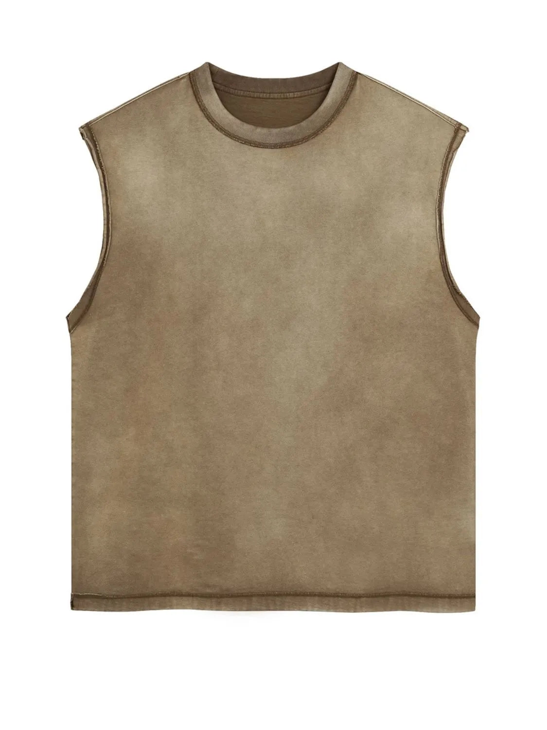 Washed cotton cut-off tank top in khaki with a crew neck and raw hem.