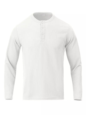White long sleeve henley t-shirt with button placket and textured fabric.