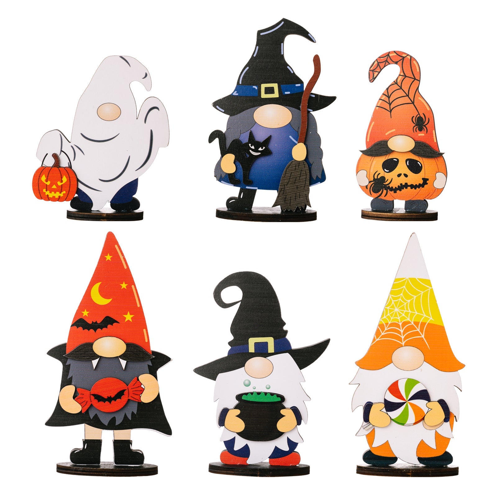 Halloween gnome figurines in assorted styles: ghost, witch, pumpkin, vampire, cauldron, and candy corn.