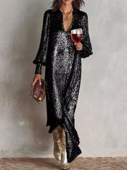Black sequin maxi dress with lantern sleeves and a deep V-neck.