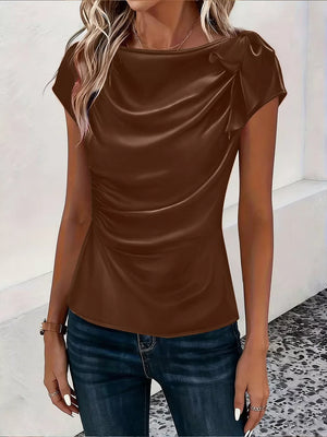 Ruched Short Sleeve Satin Top in Brown, close-up detail