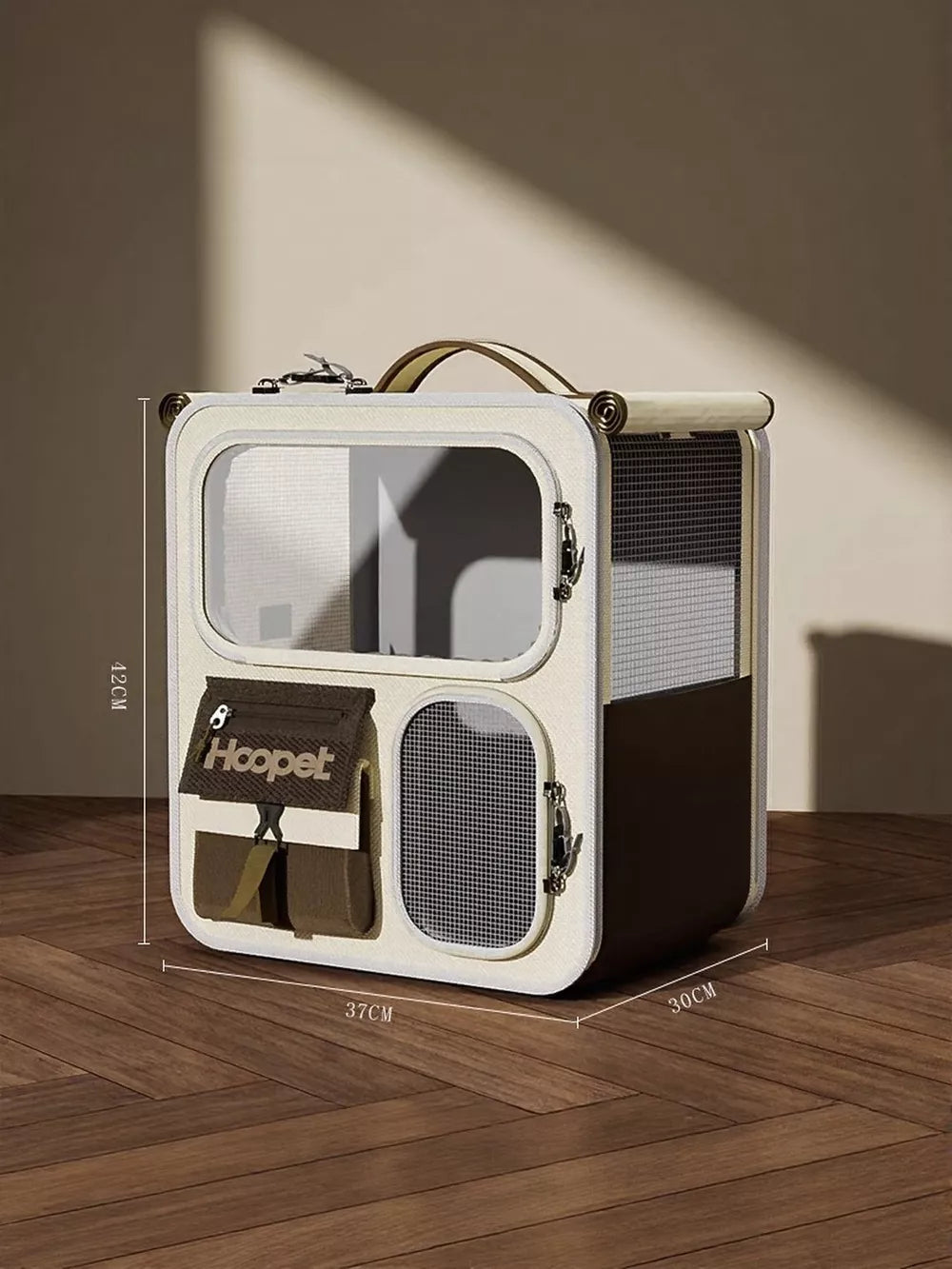 Stylish transparent pet carrier backpack in white with brown accents and pockets.