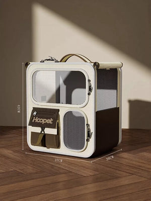 Stylish transparent pet carrier backpack in white with brown accents and pockets.