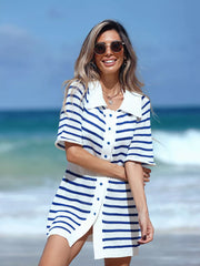 Blue striped knit mini dress with button-down front and collar.