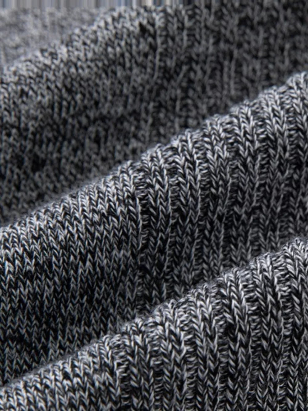 Men's classic open-front cardigan in gray marled knit fabric, showing texture detail.