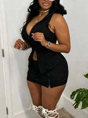 Black hooded zippered sleeveless top and mini skirt set with zipper details.